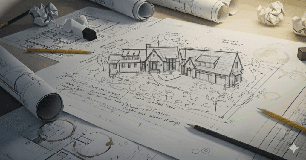 Architectural concept sketch on desk