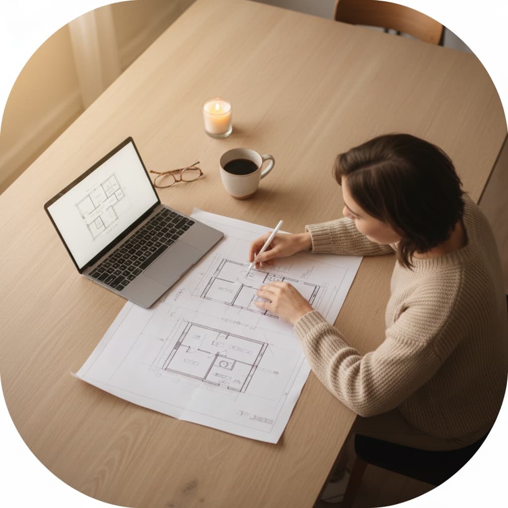 Homeowner planning on laptop with blueprints