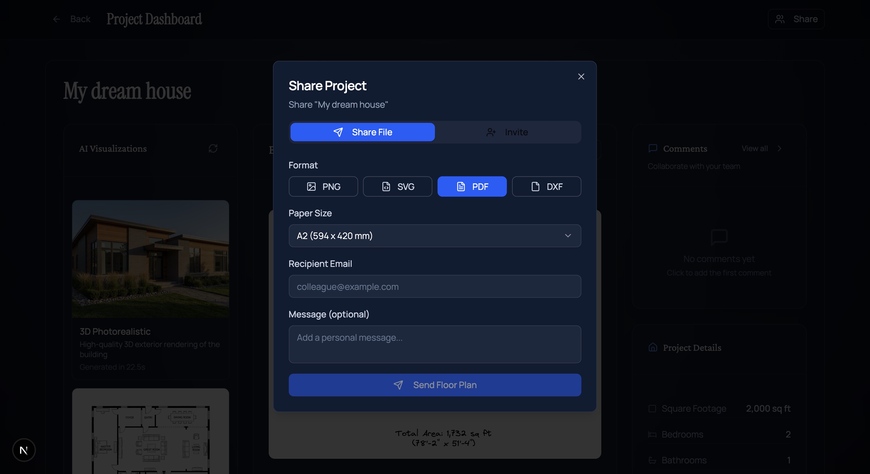 Export dialog showing PNG, PDF, and SVG options